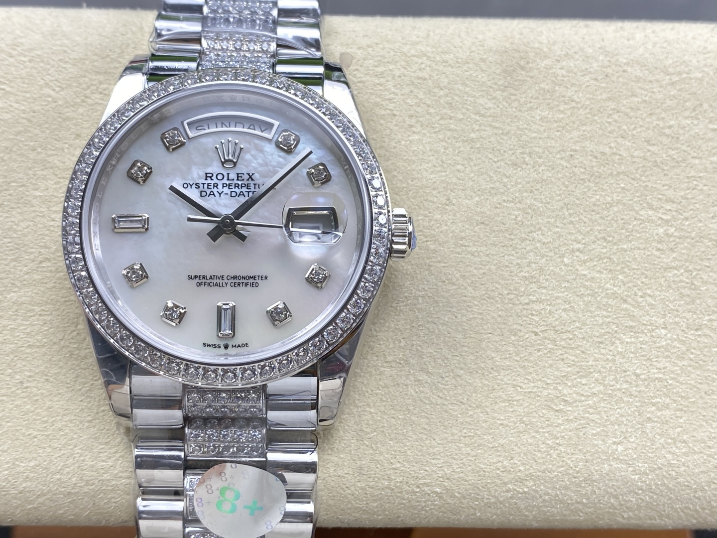 Clean Factory Day-Date 40 mother of pearl dial with diamond markers and 8+ sticker
