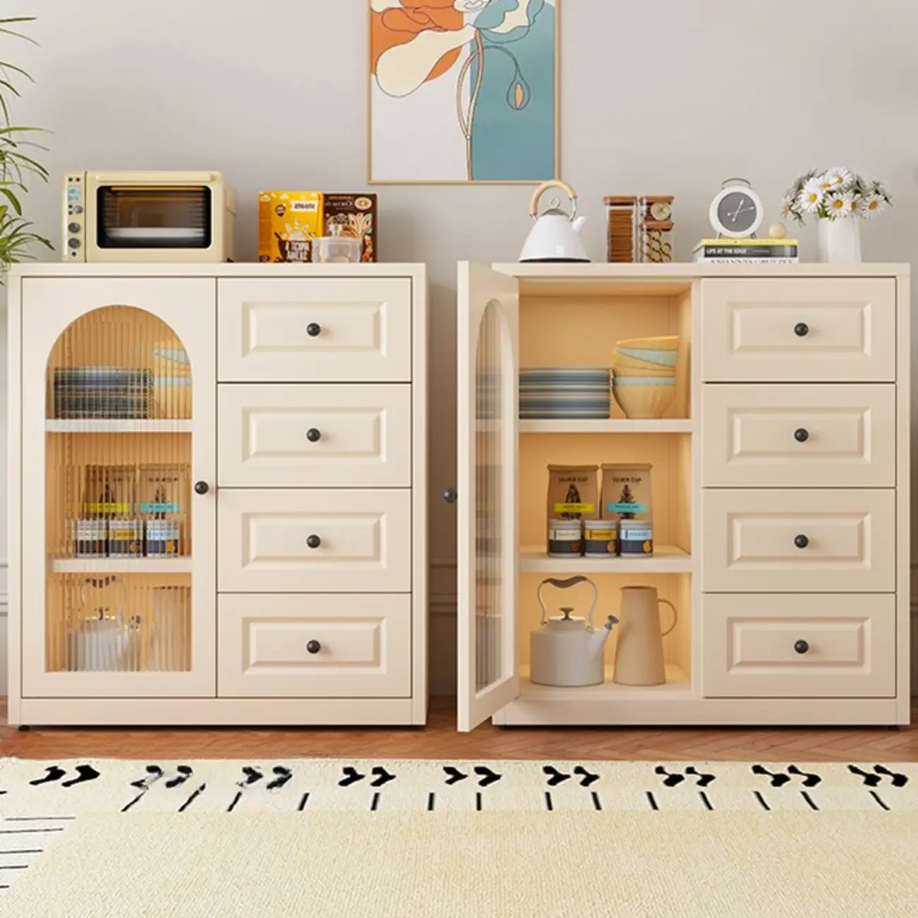 Narrow Metal White Buffet Cabinet with Drawer