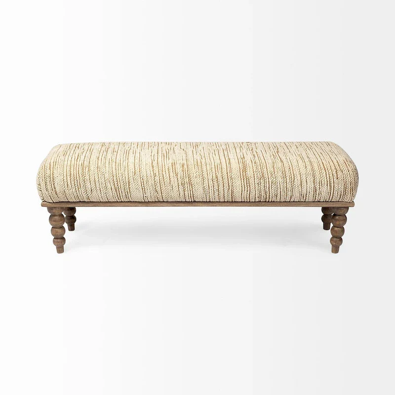 Cream Fabric Upholstered Dining Bench with Mango Wood Legs, Seats 2