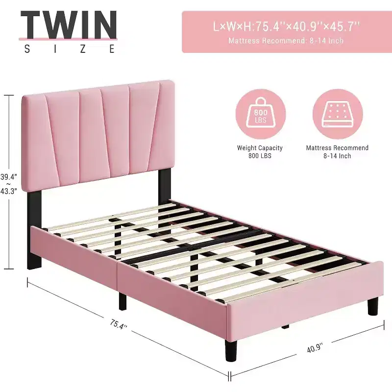 Pink Linen Upholstered Platform Bed Frame with Adjustable Headboard, Wooden Slat Mattress Foundation