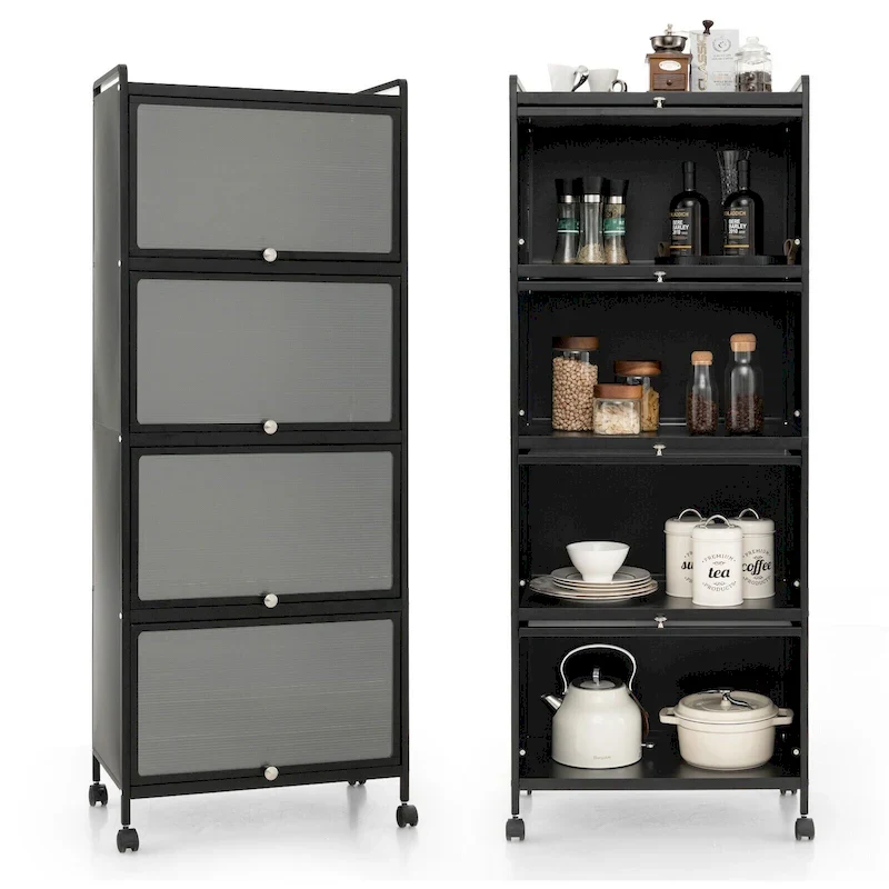 Black 5-Tier Rolling Kitchen Storage Rack with Flip-up Doors, for 1 Person