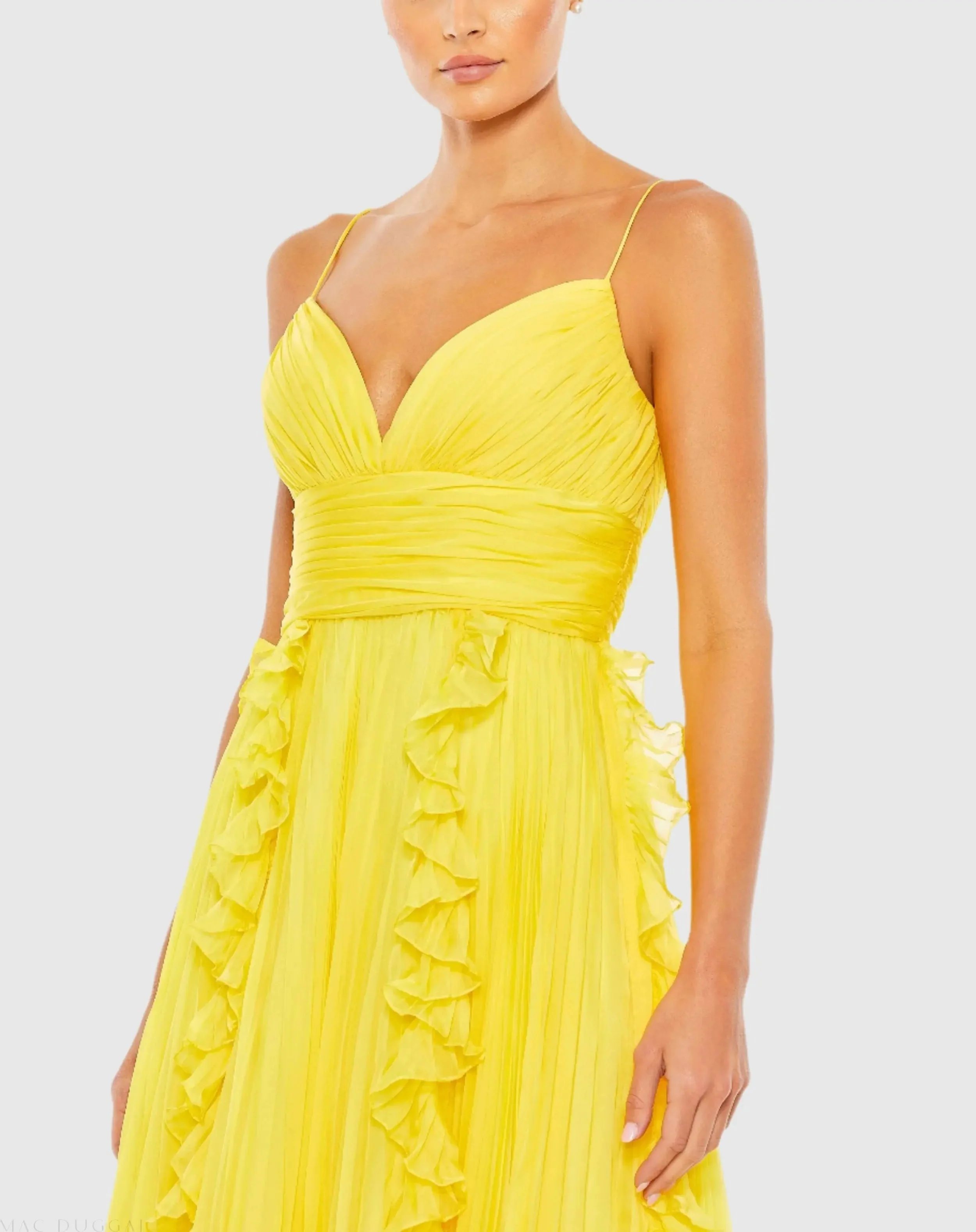 Yellow Pleated Sleeveless Flowy Gown