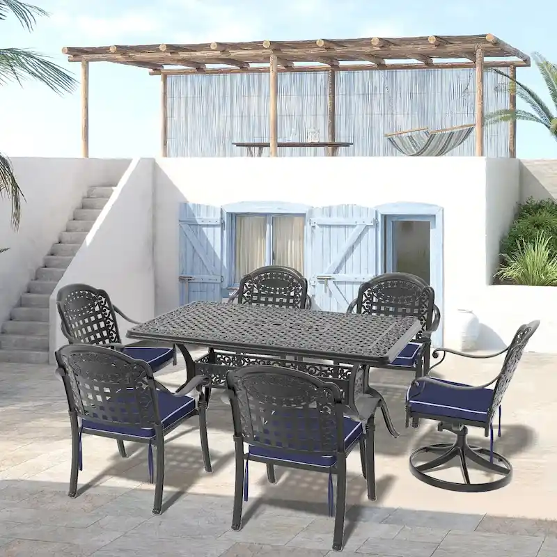 7 Pcs Outdoor Dining Set, Patio Aluminum Furniture Set with 2 Swivel Rocker Chairs, 4 Dining Chairs and Rectangular Table