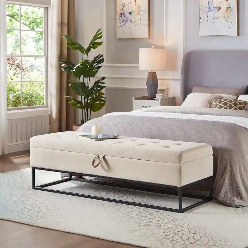 Upholstered Storage Bench with Metal Base