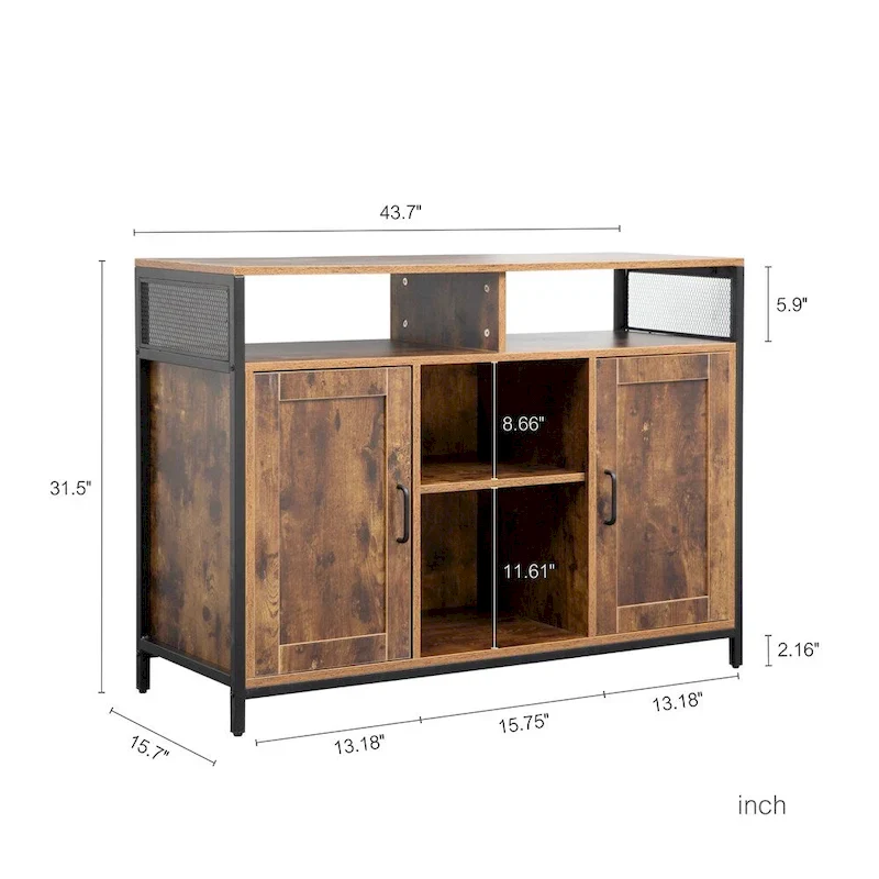 Industrial Sideboard with Open Shelves & Doors – Rustic Brown & Black
