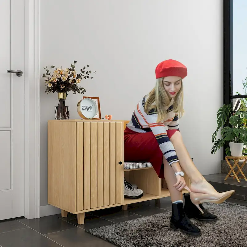 Natural Wood Finish Shoe Cabinet with Houndstooth Bench Seat & PU Backrest – 1-Seat