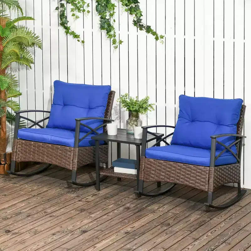 3 Piece Patio Rocking Chair Set, Outdoor Wicker Bistro Set with 2 Oversize Cushioned Porch Rockers and 2 Tier Coffee Table for Garden, Porch