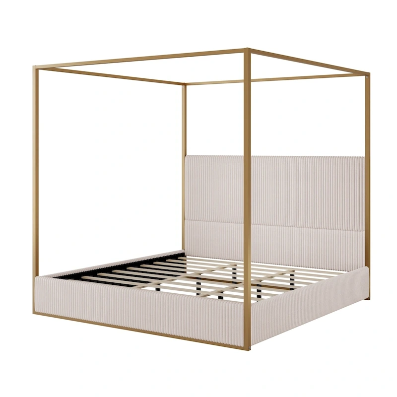Modern Luxury Metal Canopy Bed with Tall Upholstered Headboard & Four Poster
