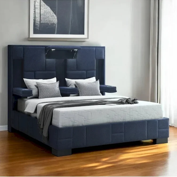 Navy Blue Upholstered Lighted Queen Bed Frame with USB