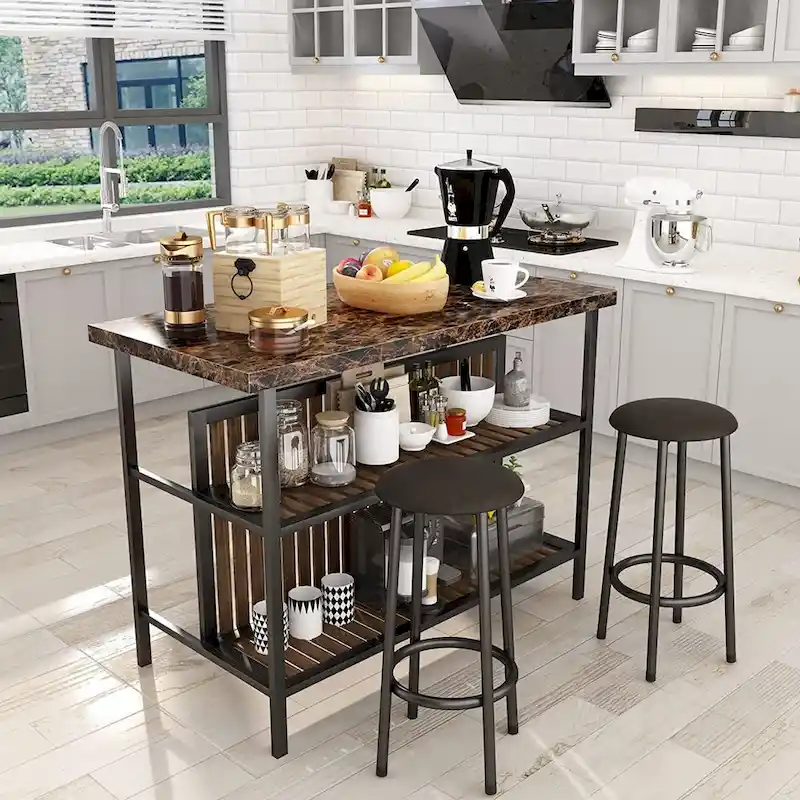 Mieres Kitchen Island with 2 Stools and Open Shelves