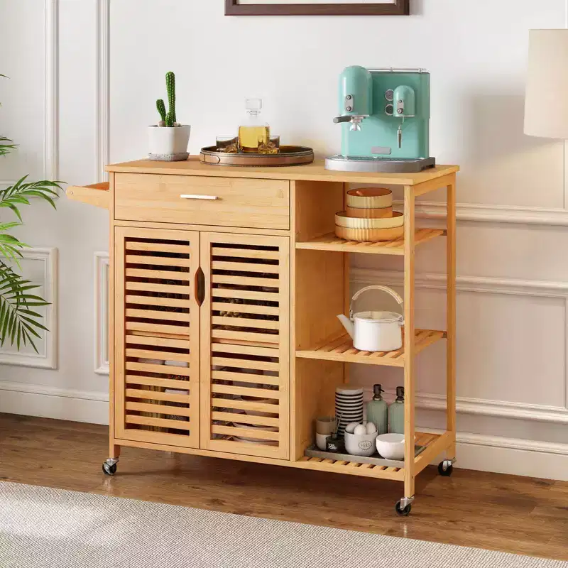 Natural Bamboo Kitchen Island Cart with Drawer, Cabinet & Lockable Wheels (1-Person Assembly)