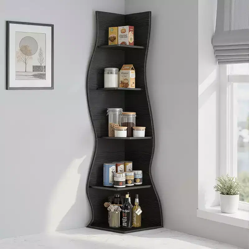 VECELO 5-Tier Wave Corner Bookshelf, Rustic Storage Display Stand with Easy Assembly, Space-Saving Organizer for Home Decor