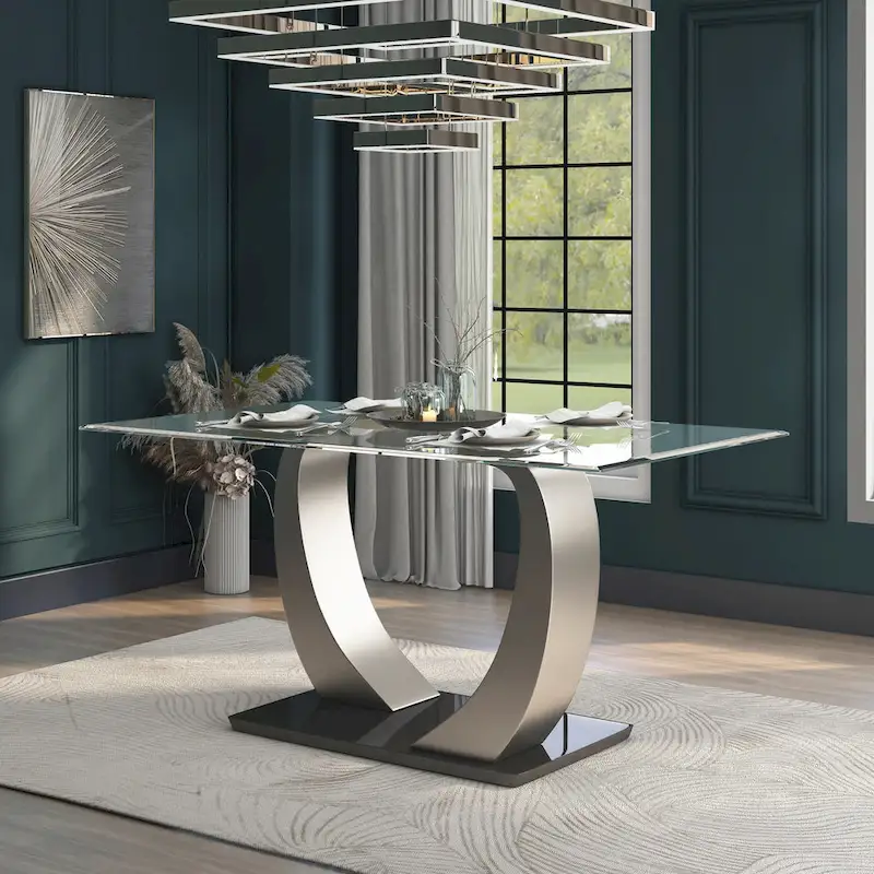 Black & Silver Glass Top Dining Table, Seats 4–6