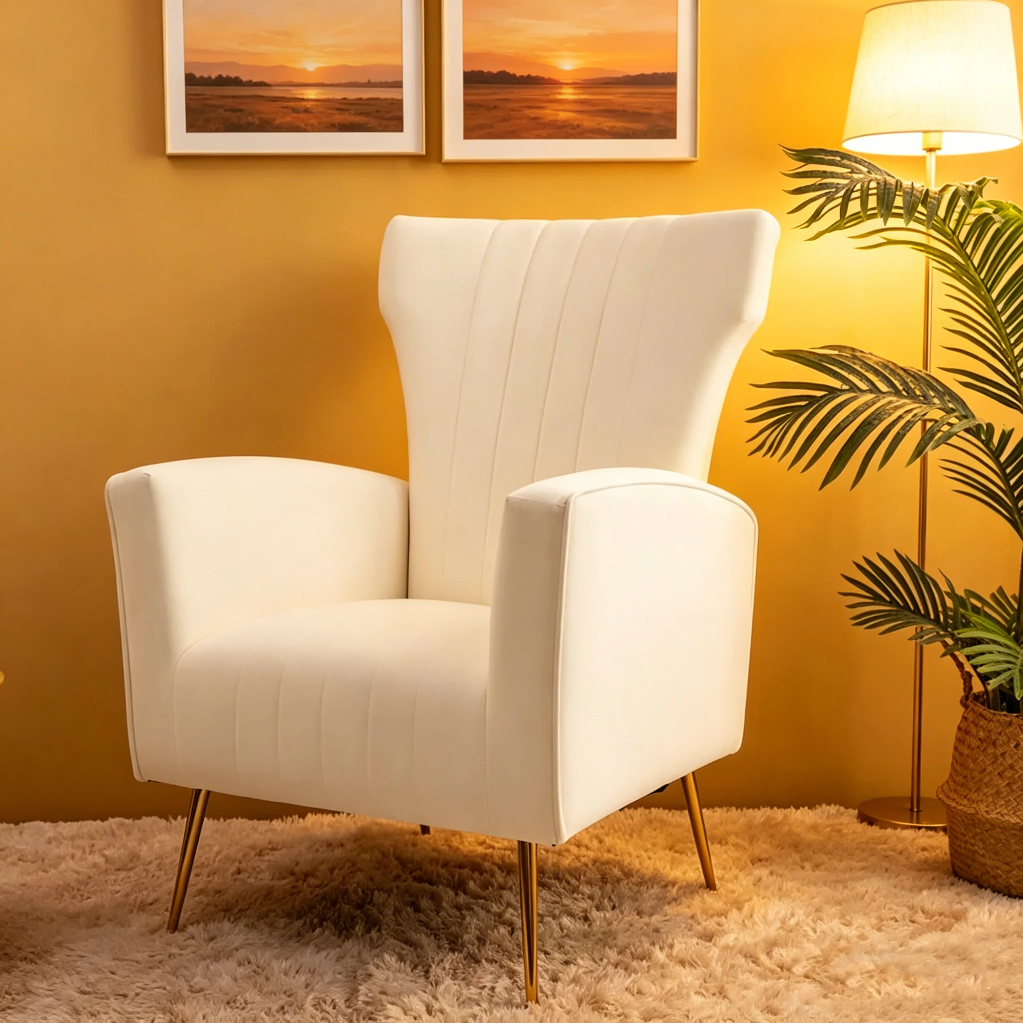 White 29.9 Wingback Arm Chair with Gold Legs