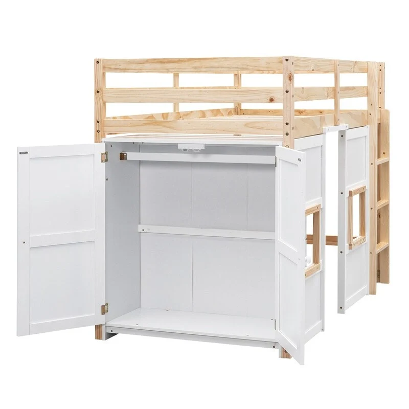 Twin Size Loft Bed with Built-in Storage Wardrobe and 2 Windows
