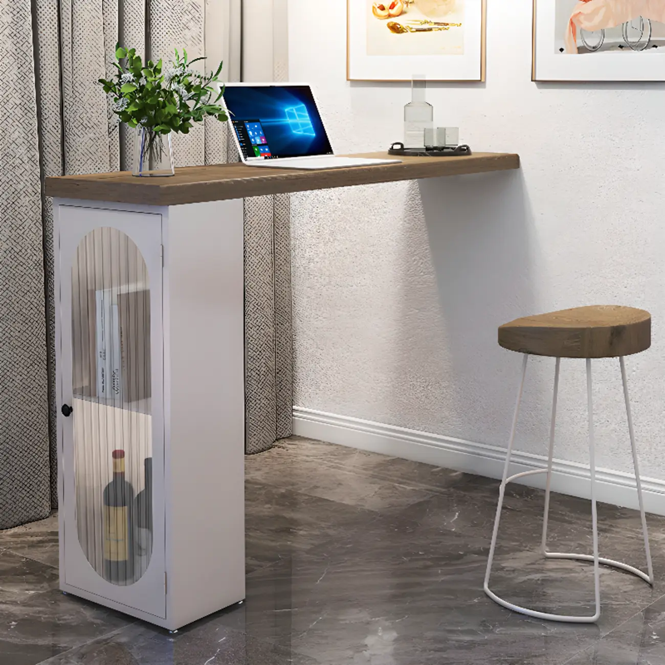 Modern Natural Wood Bar Table Metal Base with Side Cabinet