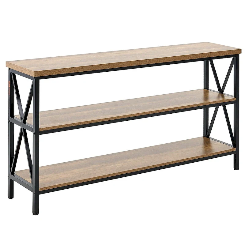 3-Tier Long Hallway Console Table — Brown & Black MDF with Metal Frame