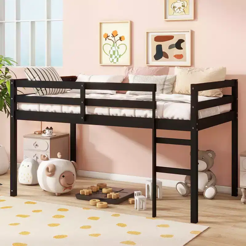 MAYEERTY Twin Loft Bed Solid Rubber Wooden with Ladder Bed Platform of Strengthened Slats Black