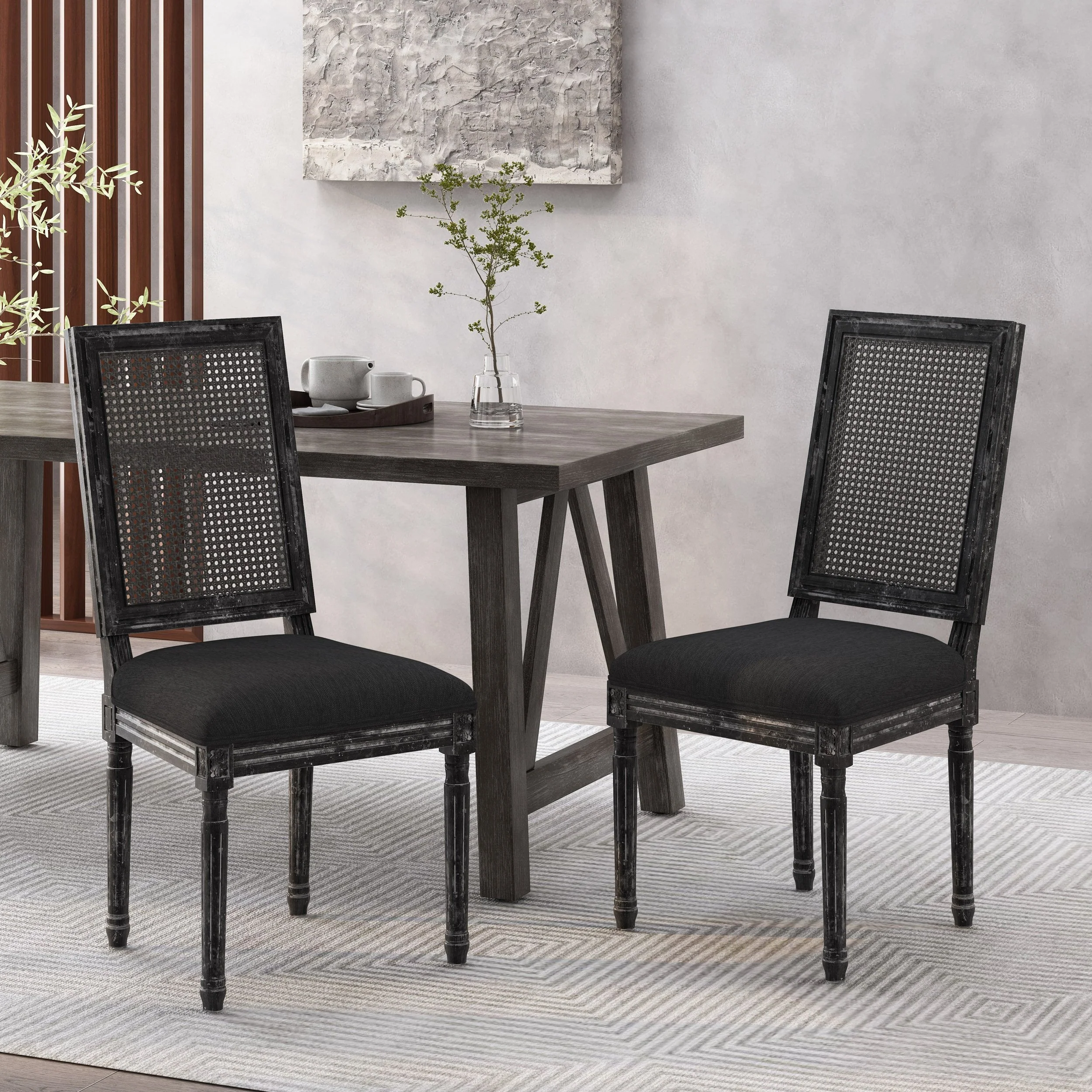 French Country Wood and Cane Upholstered Dining Chair, Set of 2 - NH784513