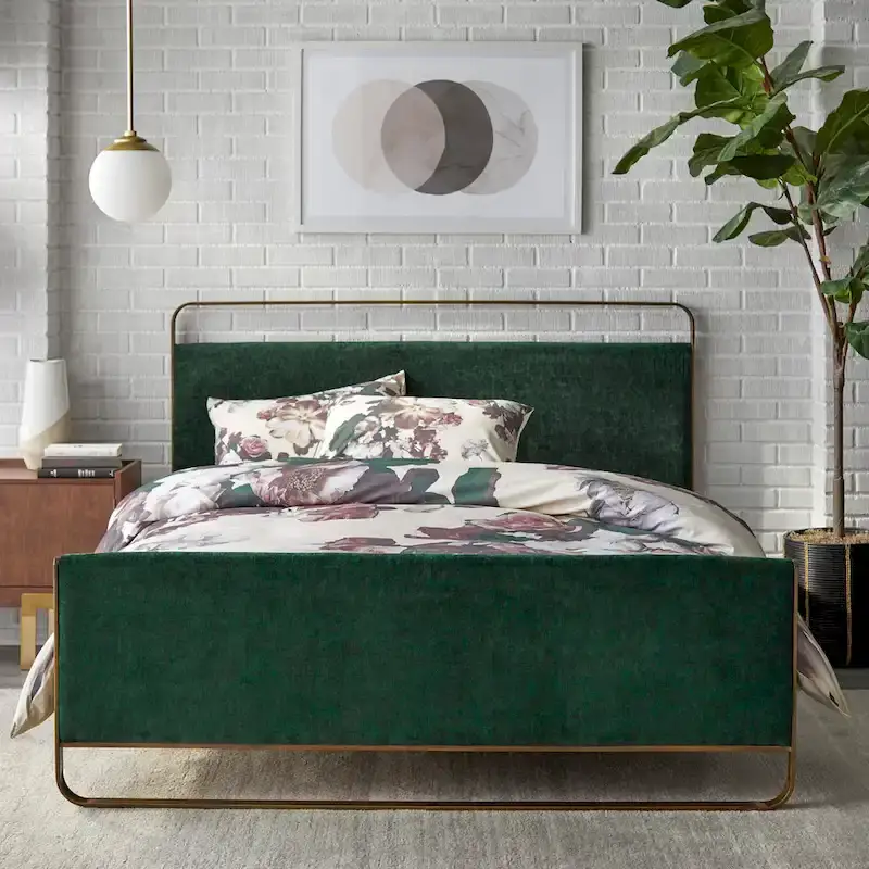 Grey / Green / Pink Upholstered Queen Platform Bed, Brass Legs, 1-Person