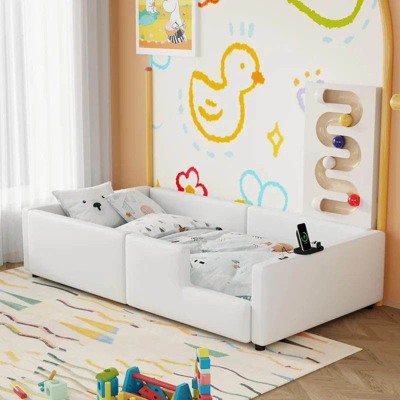 Twin Upholstered Bed with Guardrail & Charging Station