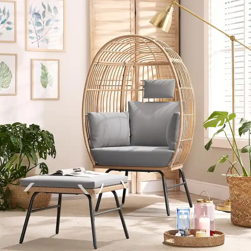 Wicker Egg Chair with Ottoman – 2-Person Outdoor Patio Set
