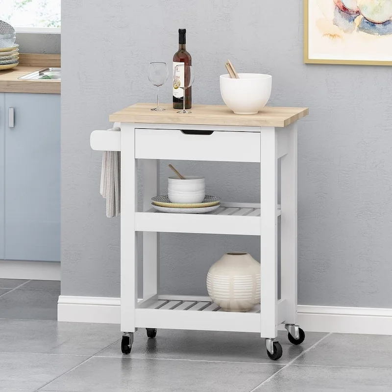 Compact Wooden Kitchen Cart with Wheels Shelves and Drawer by