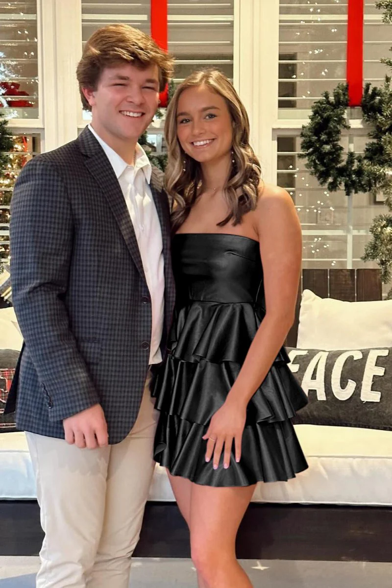 Black - Strapless A Line Satin Ruffle Short Homecoming Dress