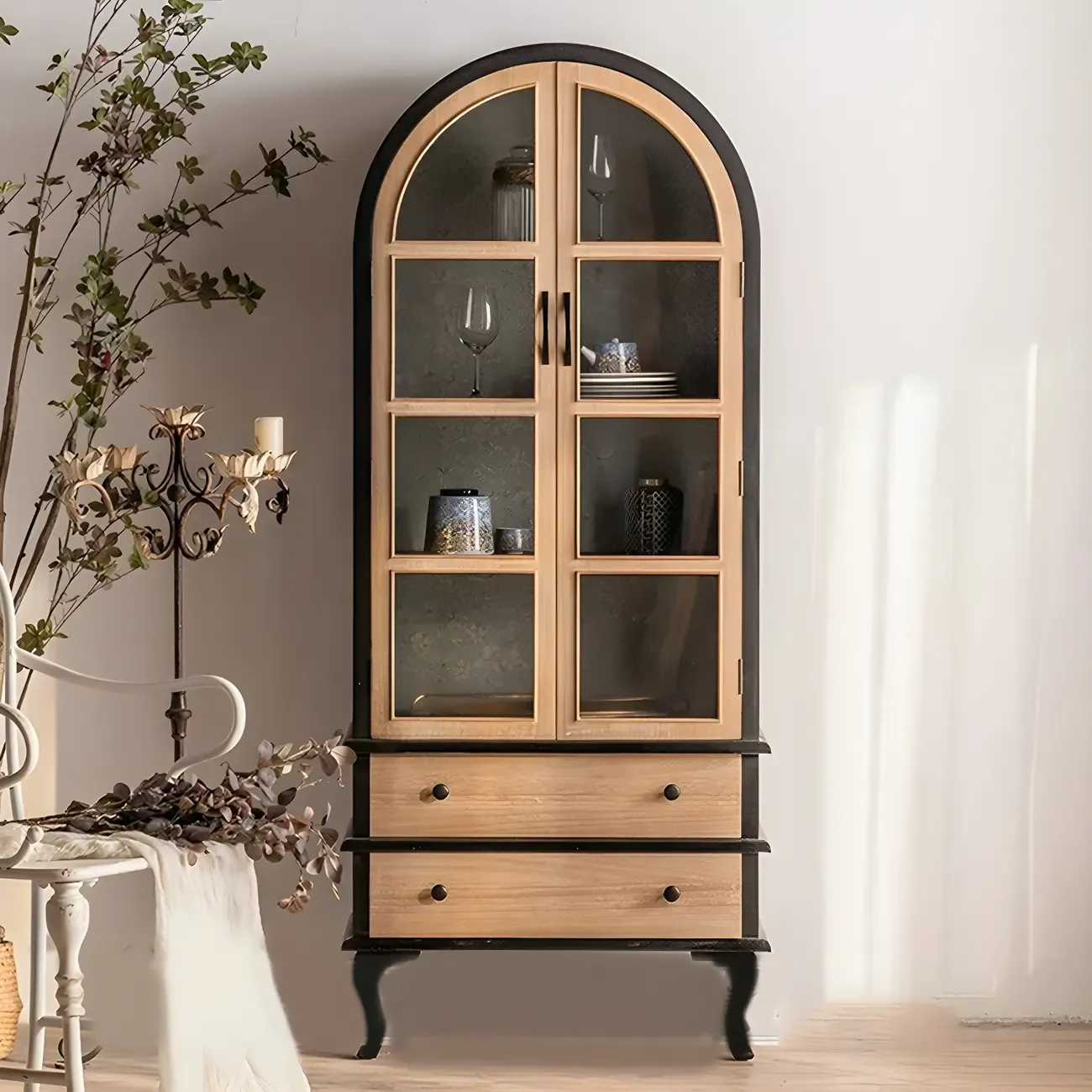 Modern Arched Wooden Glass Door Display Cabinet