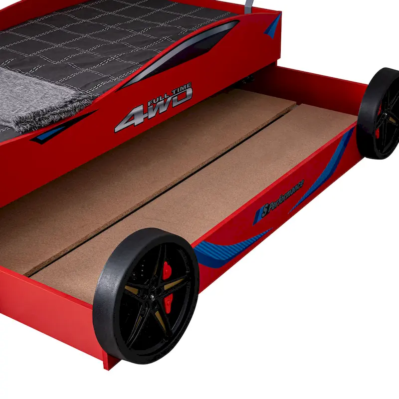 Red Race Car-Shaped Twin Bed with Pull-Out Trundle, Sleeps 2