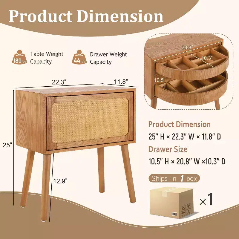 Rotating Hidden Compartment Boho Rattan Nightstand for Bedroom Living Room