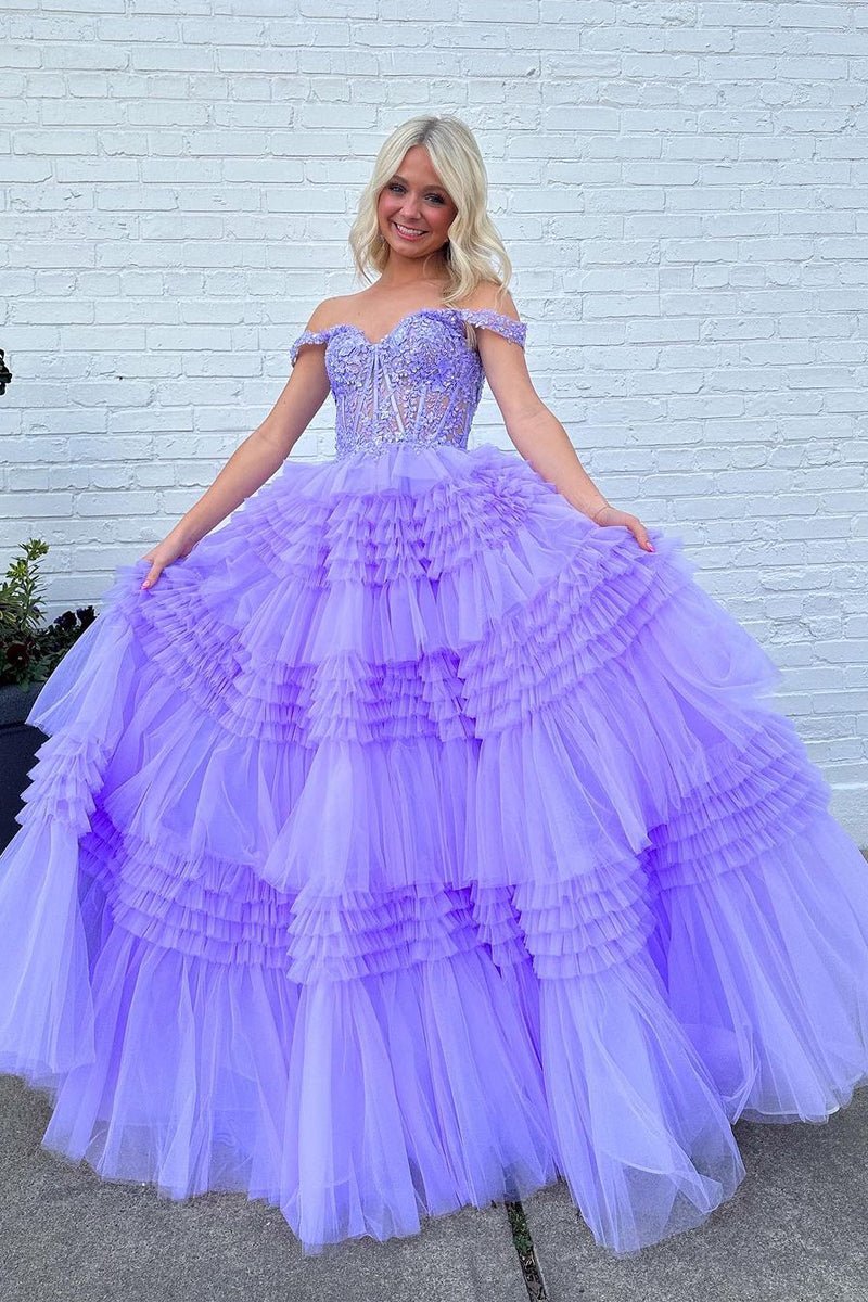 Red Tulle Off-the-Shoulder Ruffle Tiered Long Prom Dress