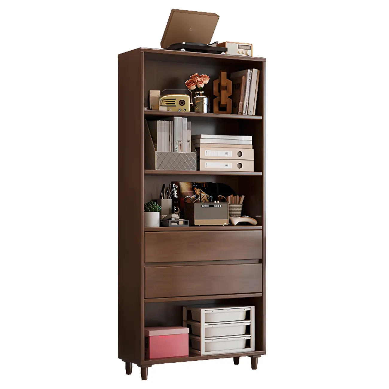 Spacious Versatile Vertical Brown Wood Bookcase with Drawers