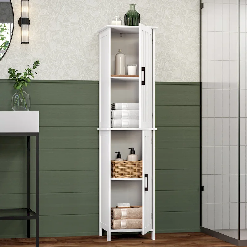 White Painted Tall Bathroom Storage Cabinet with Doors & Adjustable Shelves