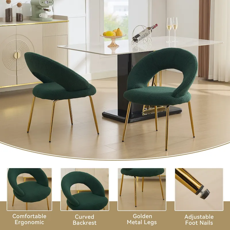 Set of 1 Dining Chairs With Curved Backrest and Golden Metal Legs