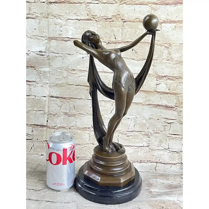 Art Deco Flapper Dancer Girl Holding Ball Bronze Statue Sculpture Figure
