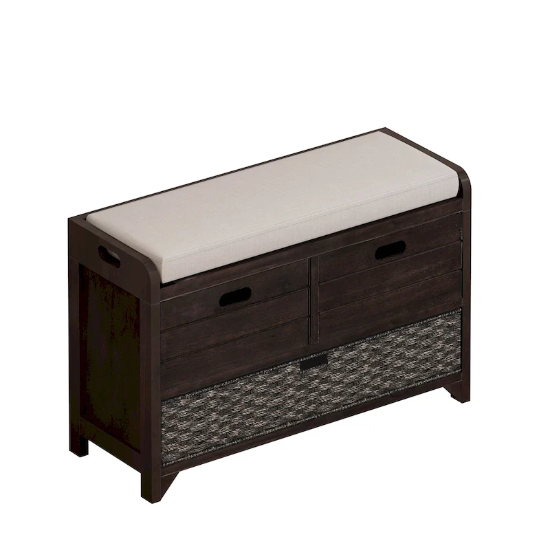 Espresso / Oak / White / Blue Rustic Storage Bench with Cushion, 2 Drawers & Removable Basket, 1-Person