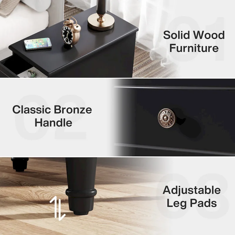 Solid Wood End Table with 3 Drawers, Fully Assembled Narrow Side Table