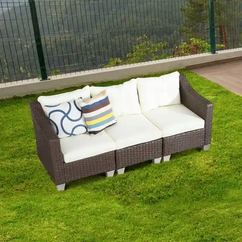Patio Festival Wicker Loveseat Sofa with Off-White Cushions