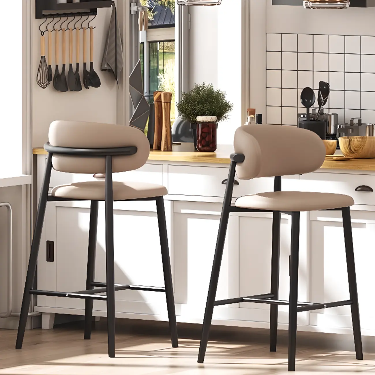 Modern Off-White Leather Curved Back Counter Bar Stools