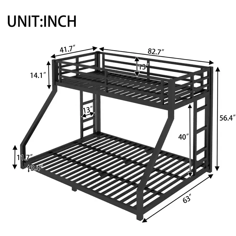 Bellemave Metal Twin XL over Queen Bunk Bed with Dual Side Ladders, Heavy Duty Frame, Noise-Free, No Box Spring Needed, Space-Saving, Black