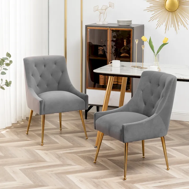 SEYNAR Modern Boucle Velvet Upholstered Accent Dining Chair Set of 2 Tufted Back Armless Chair with Golden Legs