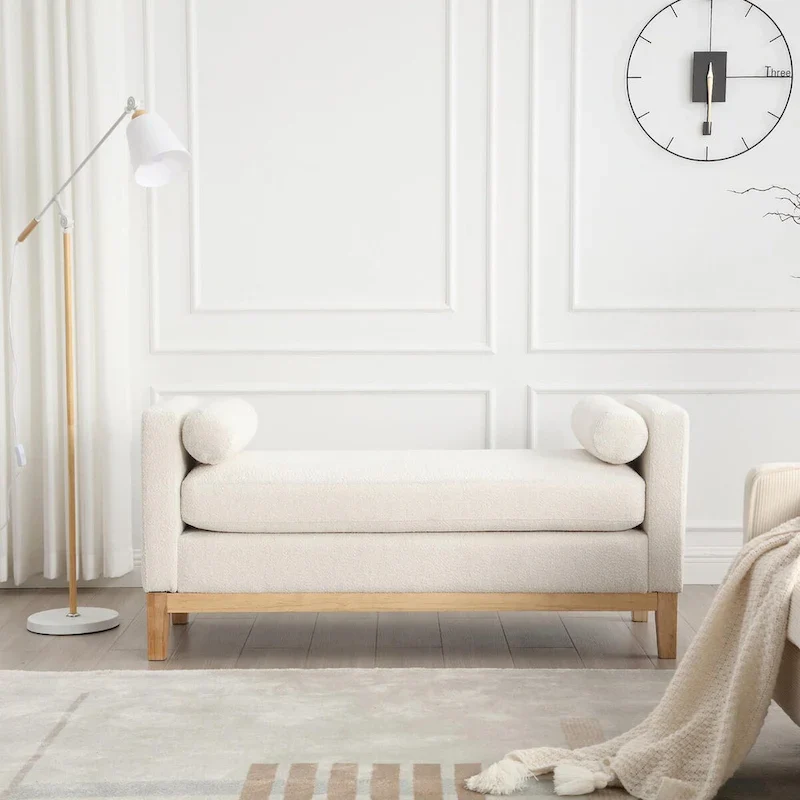 Elegant 53.5 Upholstered Ottoman Bench with Wood Legs & Bolster Pillows