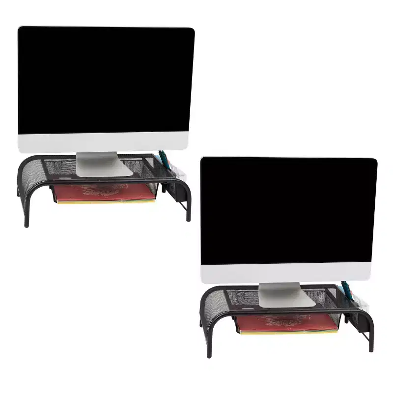 Mind Reader Monitor Stand, Ventilated Laptop Riser, Paper Tray, Office, Metal Mesh, 20"L x 11.5"W x 5.5"H, Set of 2, Black