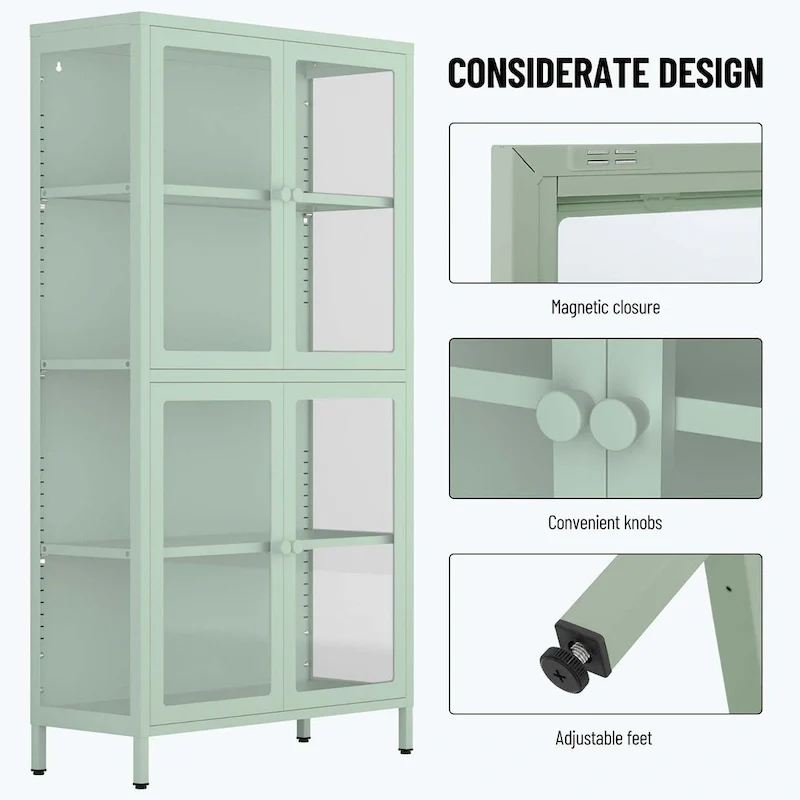 Glass Door Storage Cabinet with Adjustable Shelves - Multiple Colors