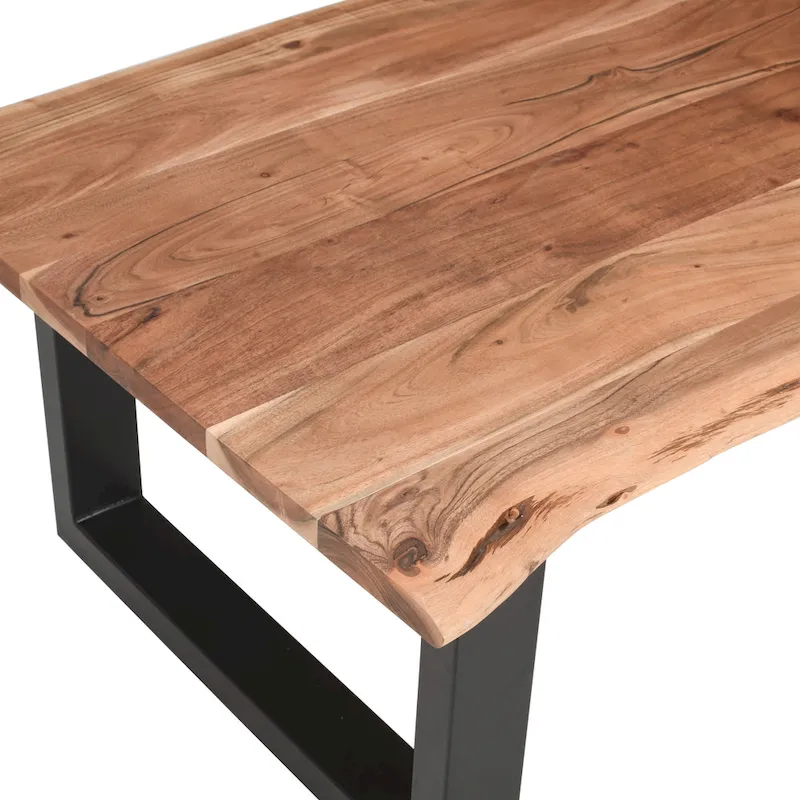 45 Inch Acacia Farmhouse Coffee Table, Live Edges, Metal Sled Base, Brown and Black