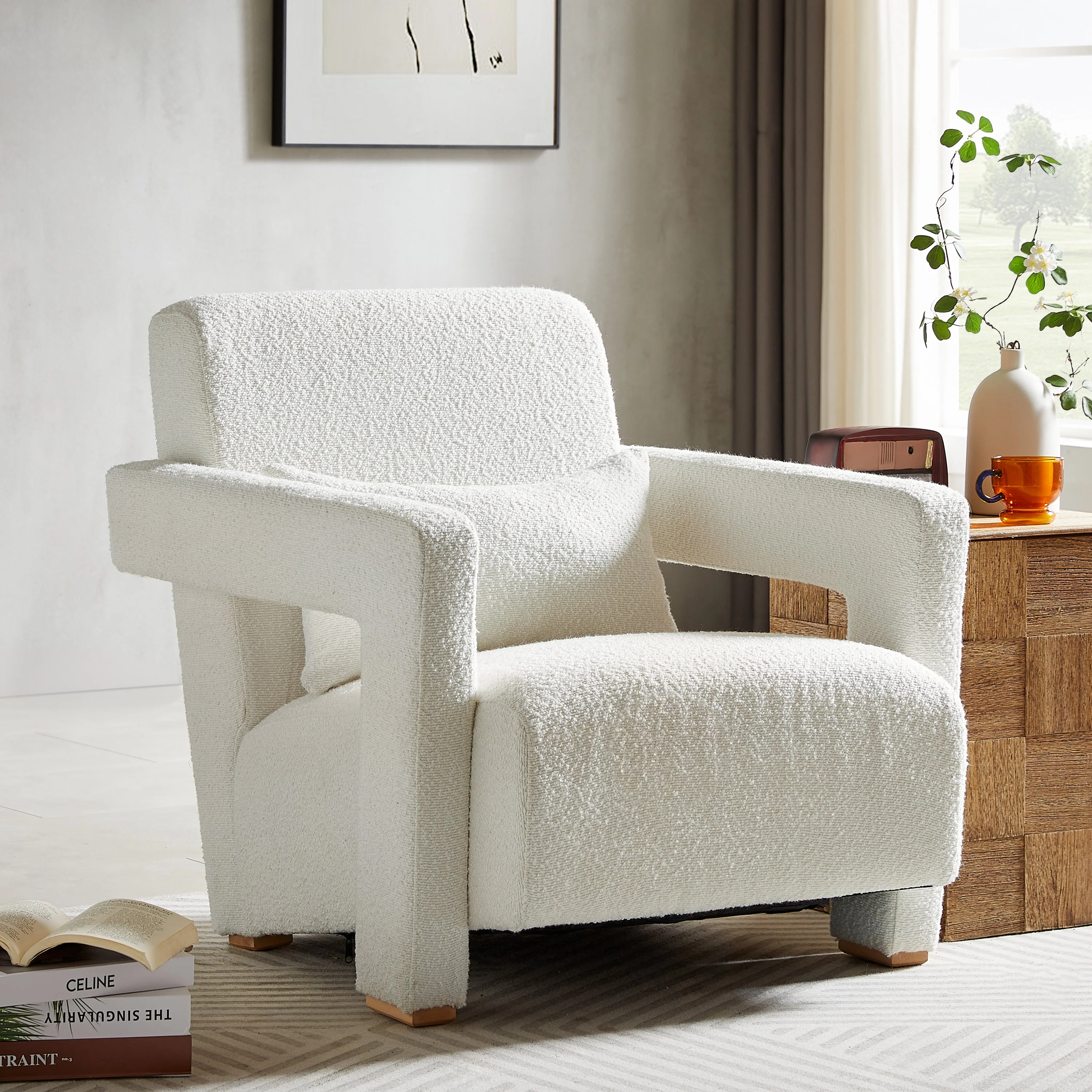 Modern Accent Lounge Chair with Wooden Block Legs and Armrests