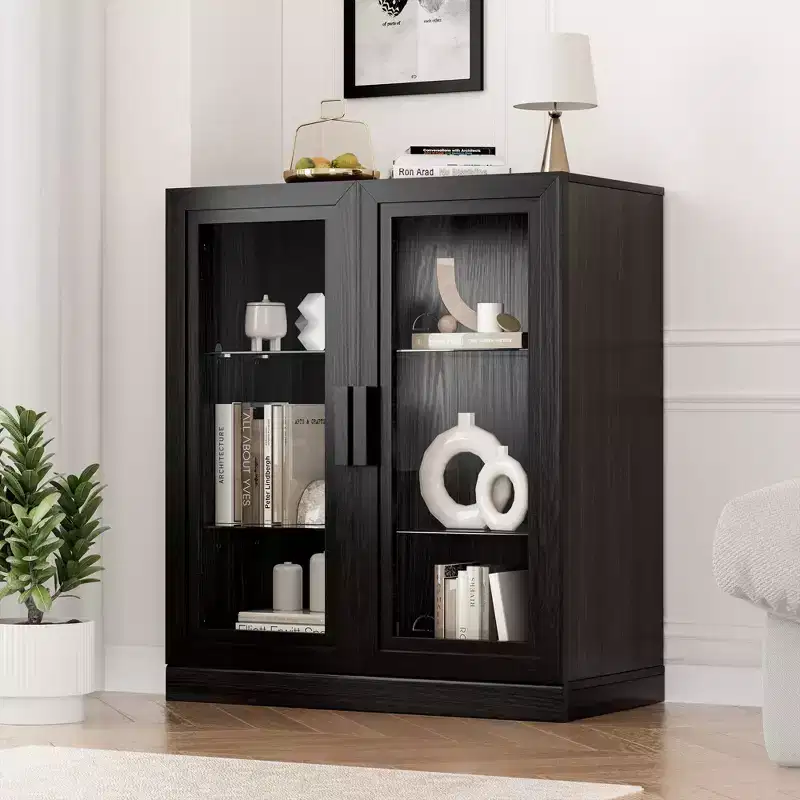 PexFix 36x31x16 Wood Accent Cabinet with Adjustable Shelf Storage Cabinet Black-Glass Door