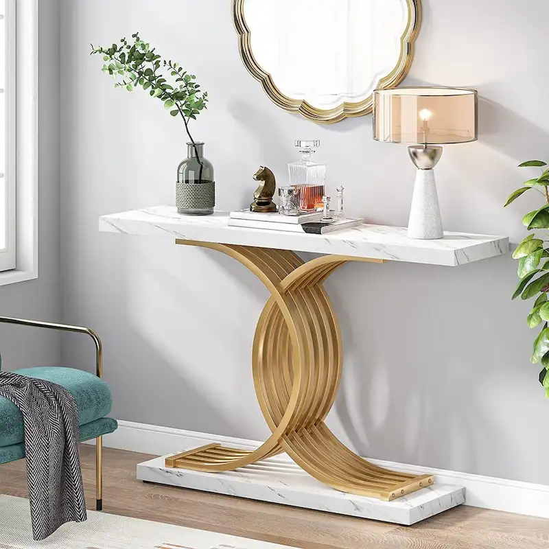 Faux Marble Console Table with Gold Metal Frame - White/Gold - 40