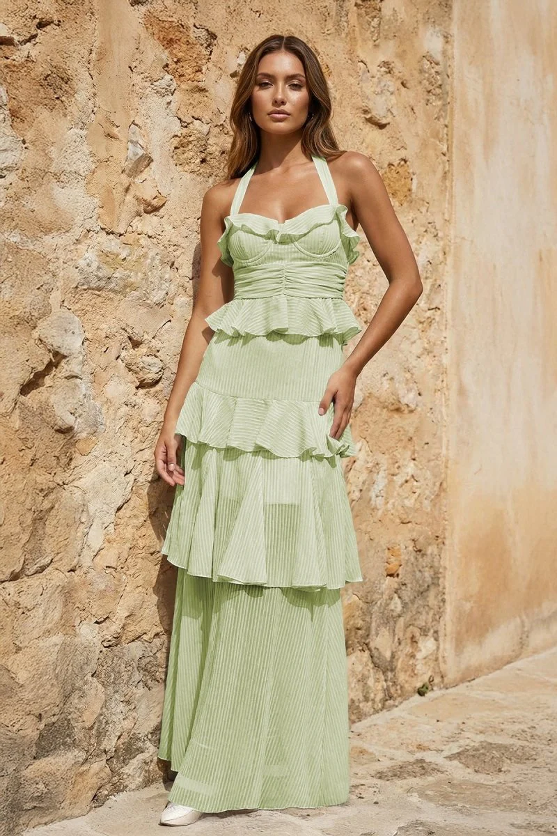 Sky Blue Halter Sheath Pleated Chiffon Long Prom Dresses With Ruffles